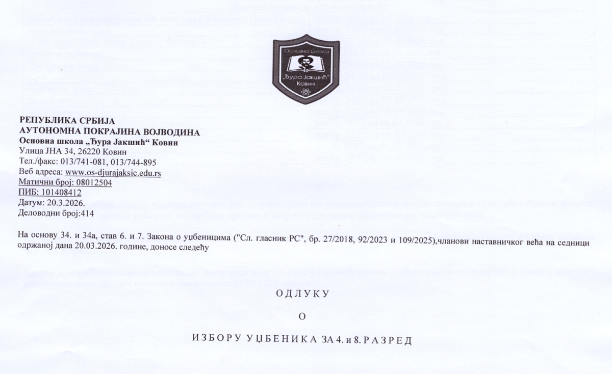 Одлука о избору уџбеника за IV и VIII разред